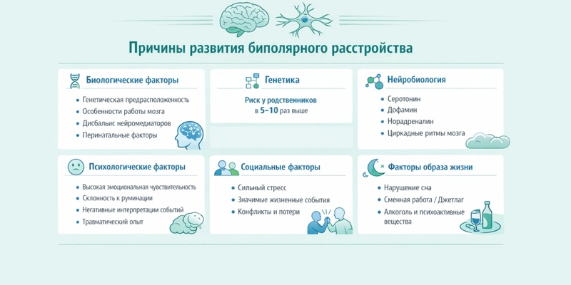 Причины развития биполярного расстройства инфографика